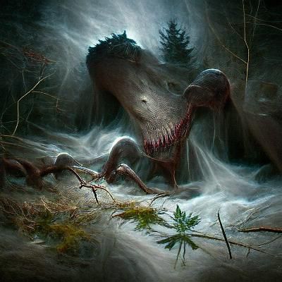 Dinosaure difforme menaçant oublié dans une forêt