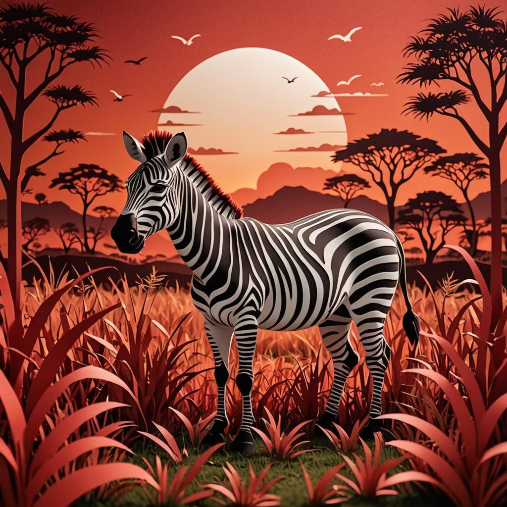 Red Kirigami Zebra Grazing at Sunset