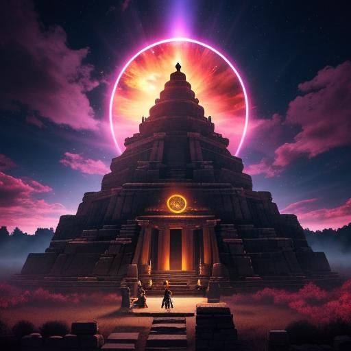 Sun temple on a mound. Overlay silhouette of a priest head i...