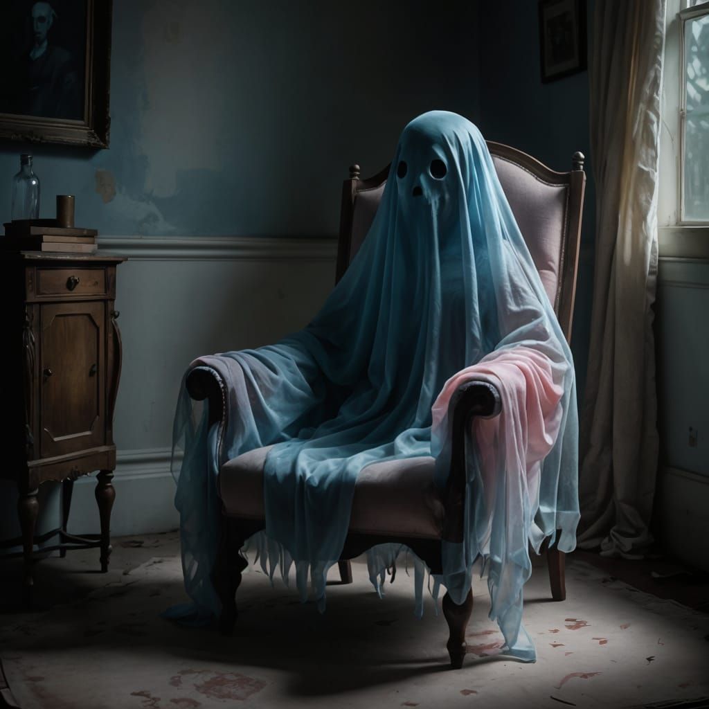 Ethereal Ghost Sits for Portrait in Gritty, Dreary Setting