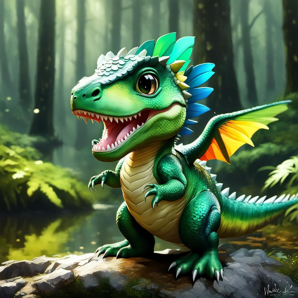Adorable Green T-Rex with Rainbow Wings