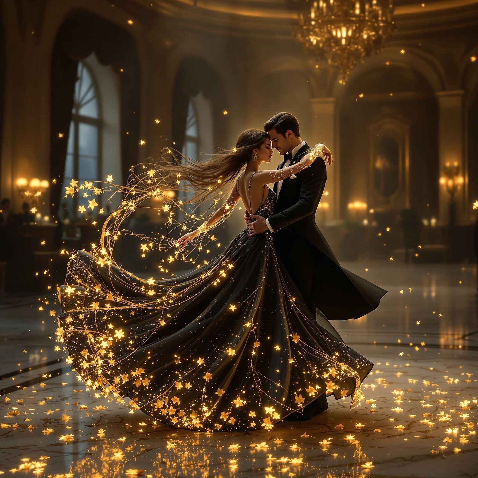 Surreal Ballroom Scene with Dancing Figures in Twilight