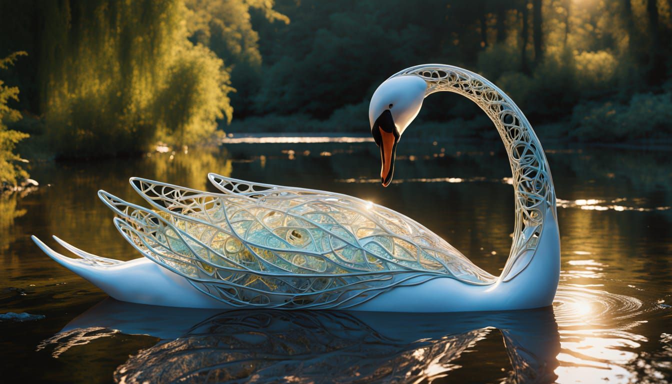 Surreal Fragmented Sculpture of Woman Embracing Swan