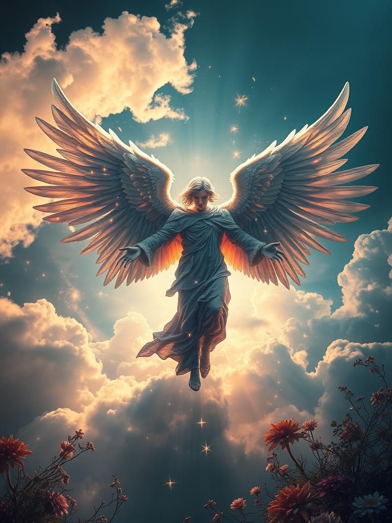 Majestic Angel Double Exposure in Surreal Dreamscape
