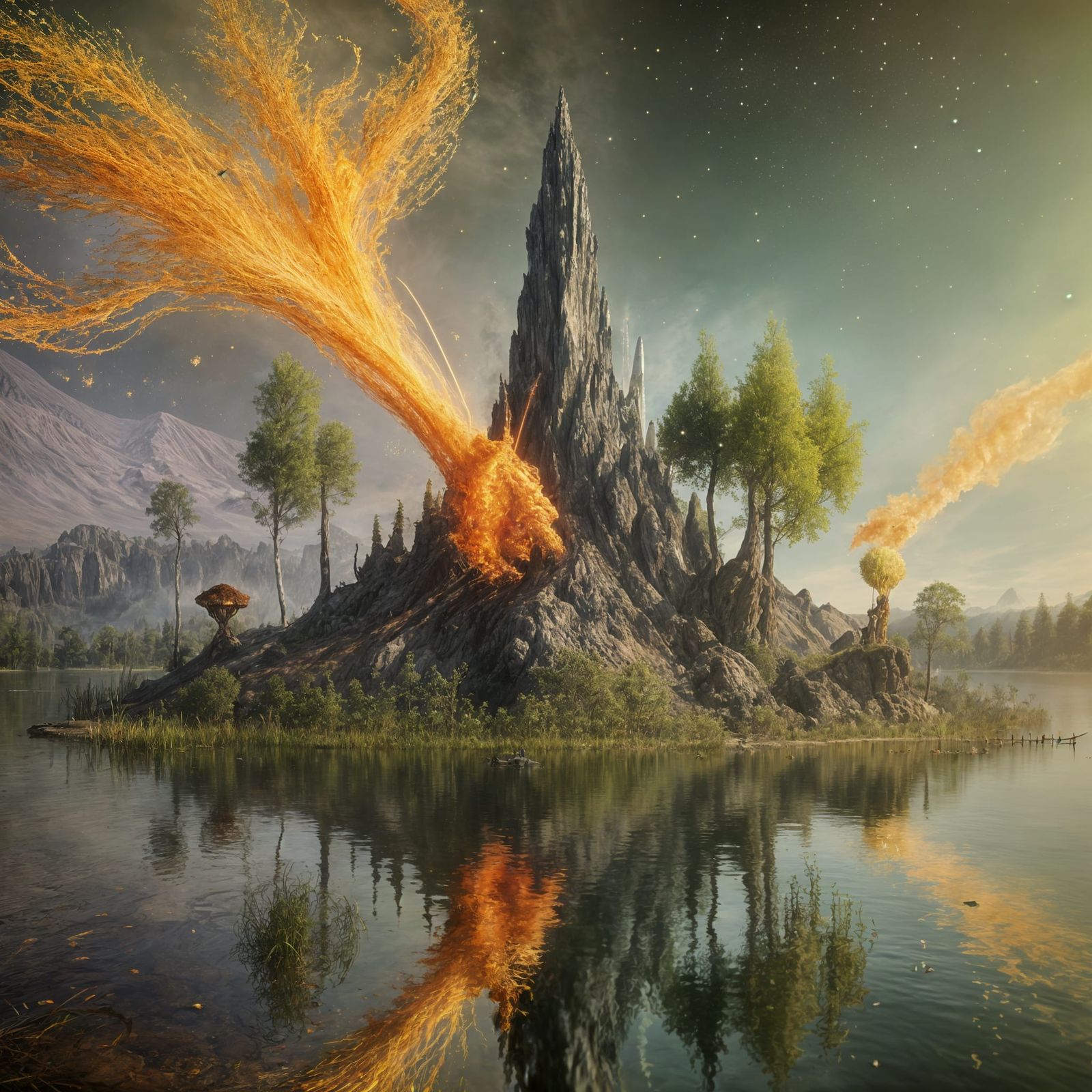 Surreal Biopunk Pond Eruption in Summer