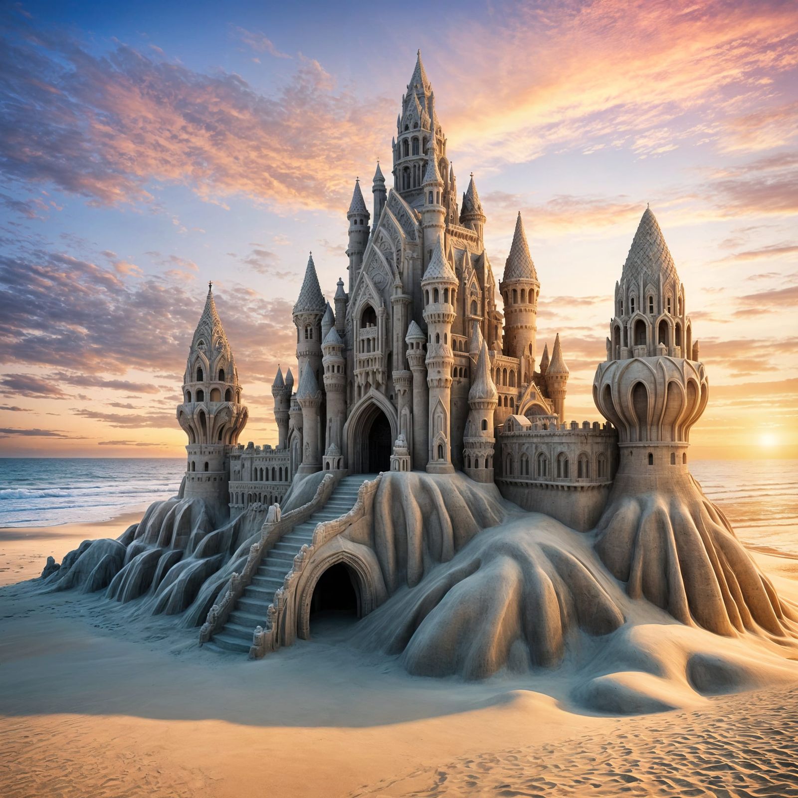 Majestic Sand Castle at Sunset, Photorealistic Style