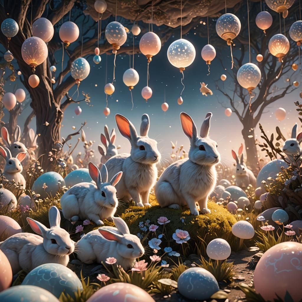 Ethereal Rabbits Floating in Dreamscape, Art Nouveau Style