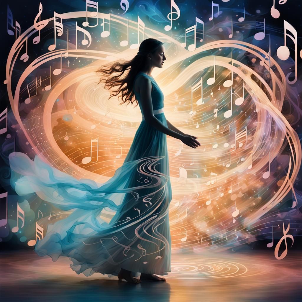 Ethereal Woman Emerging from Music in Art Nouveau Style