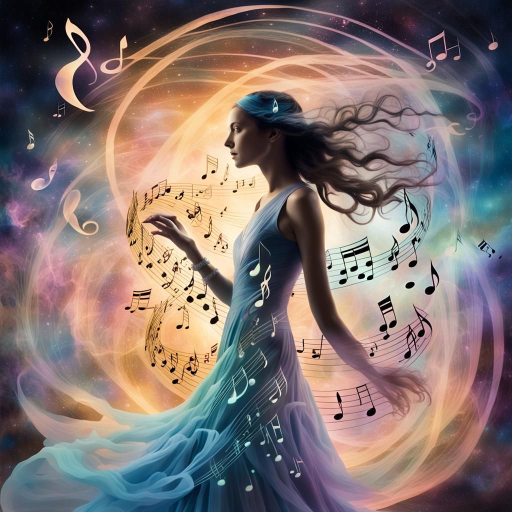Ethereal Woman Emerging from Music in Art Nouveau Style