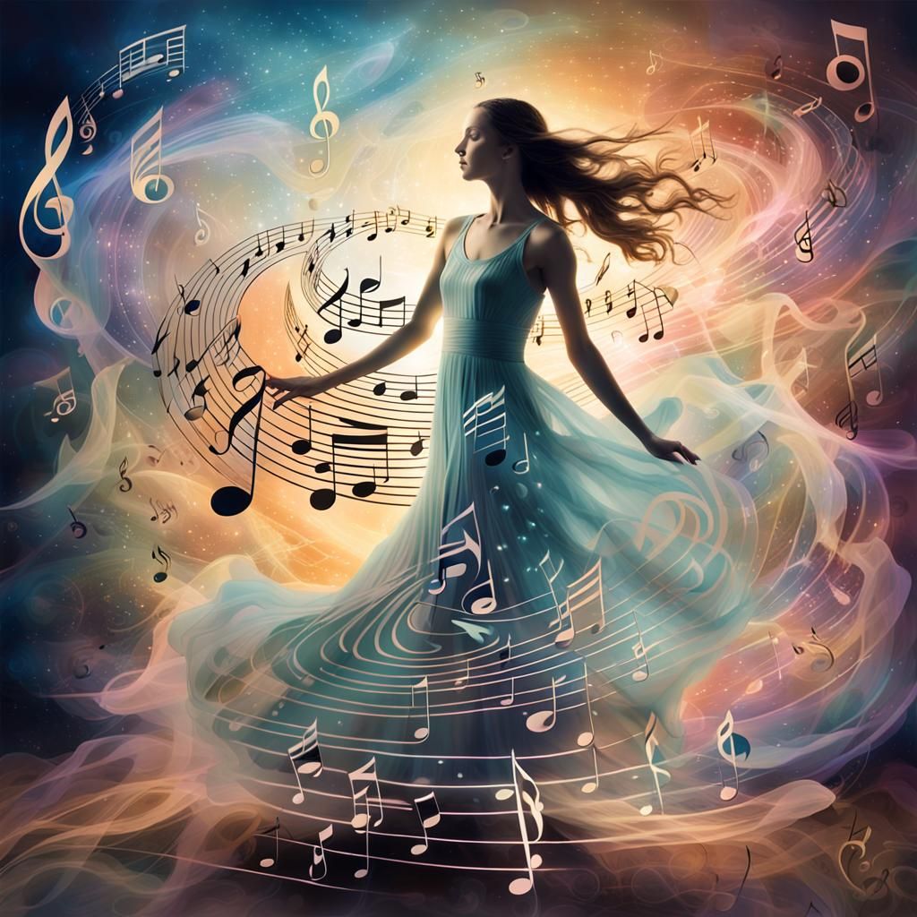 Ethereal Woman Made of Music in Art Nouveau Style