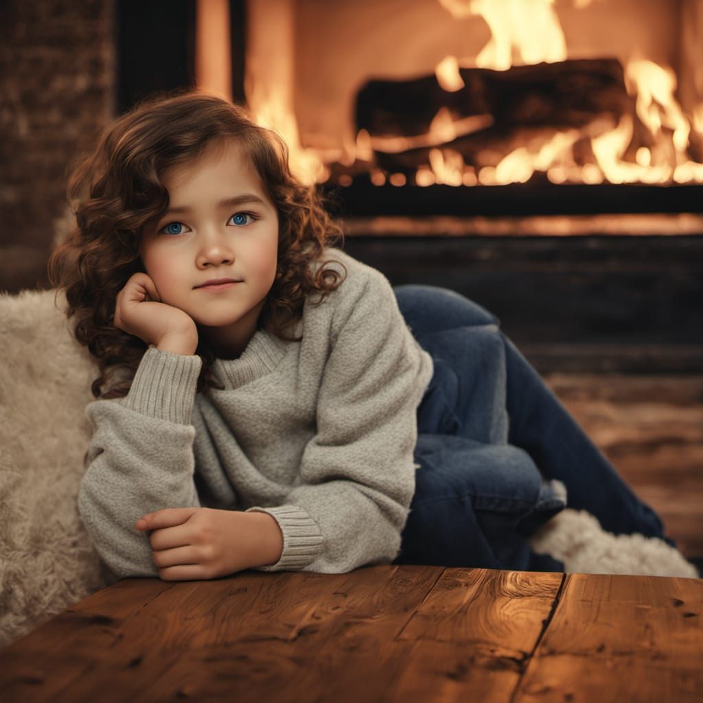 Cozy Portrait of a Eurasian Girl by a Warm Fireplace