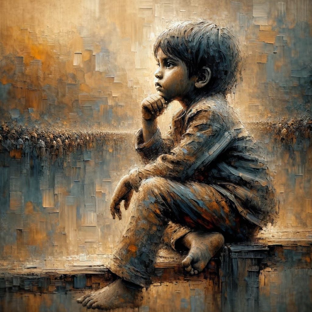 Pensive Child Portrait in Impasto Style