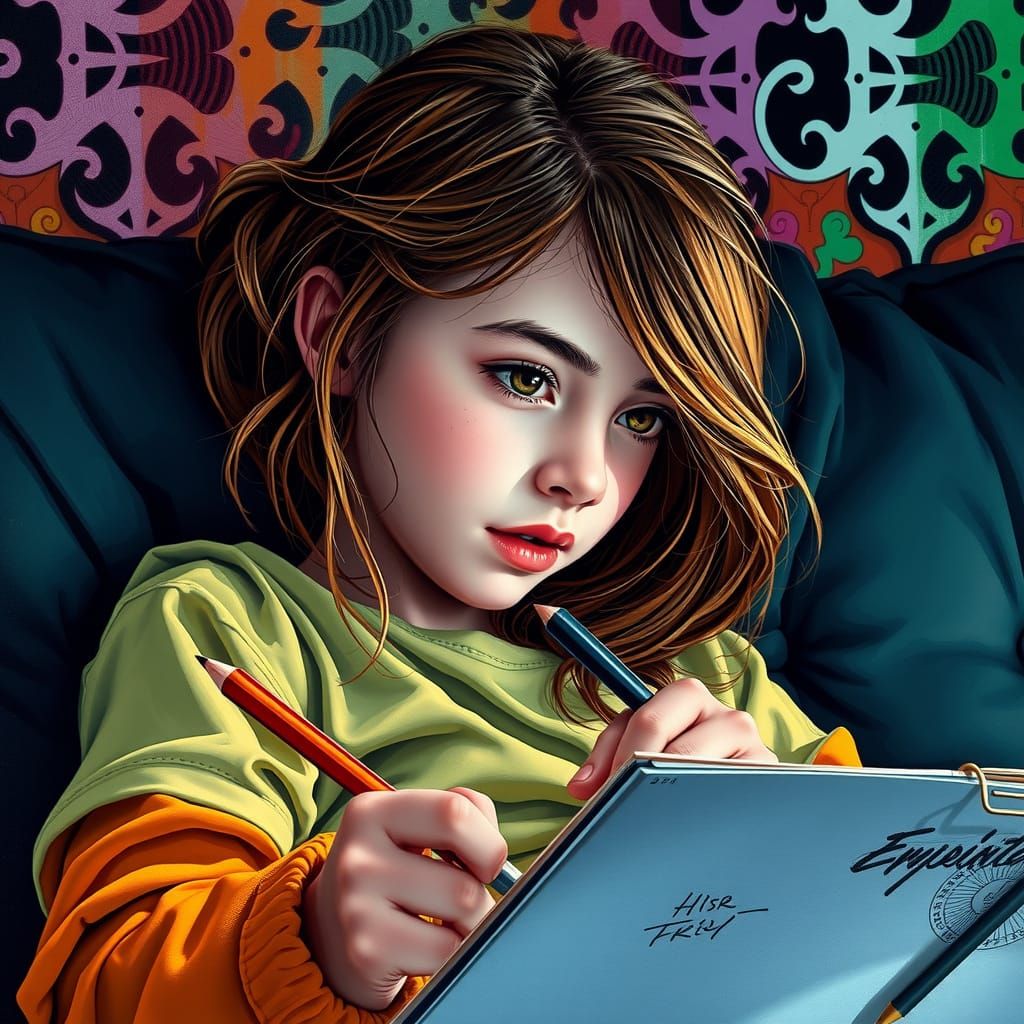 Teen Girl Sketching: Hyperrealistic Digital Art