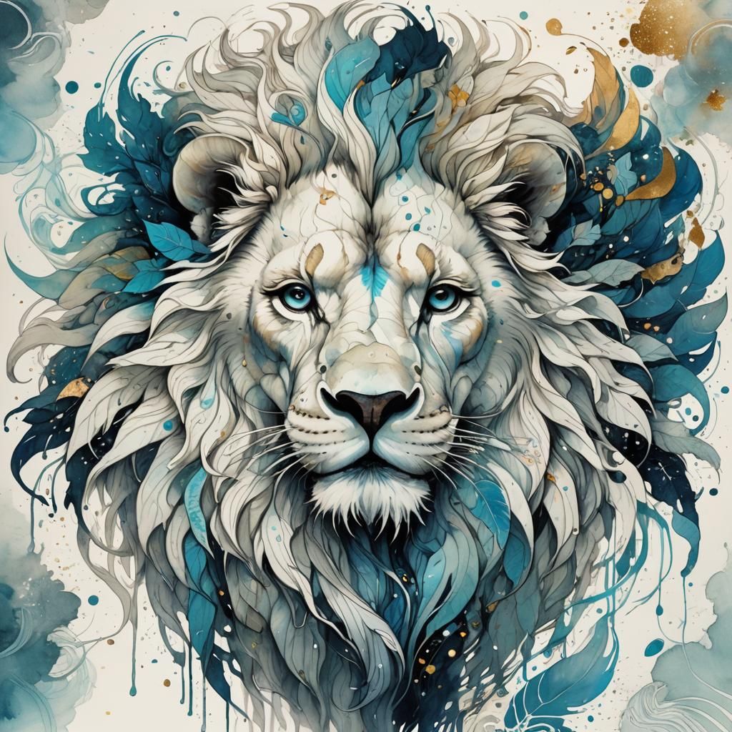 White Lion with Fractals in Ink Flow Art