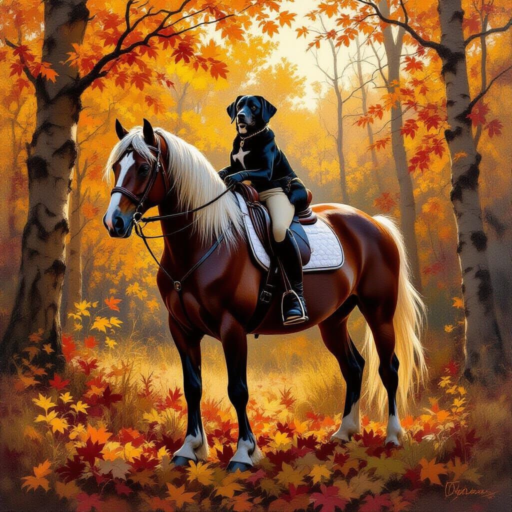 Arabian Mare with Labrador in Autumn Forest