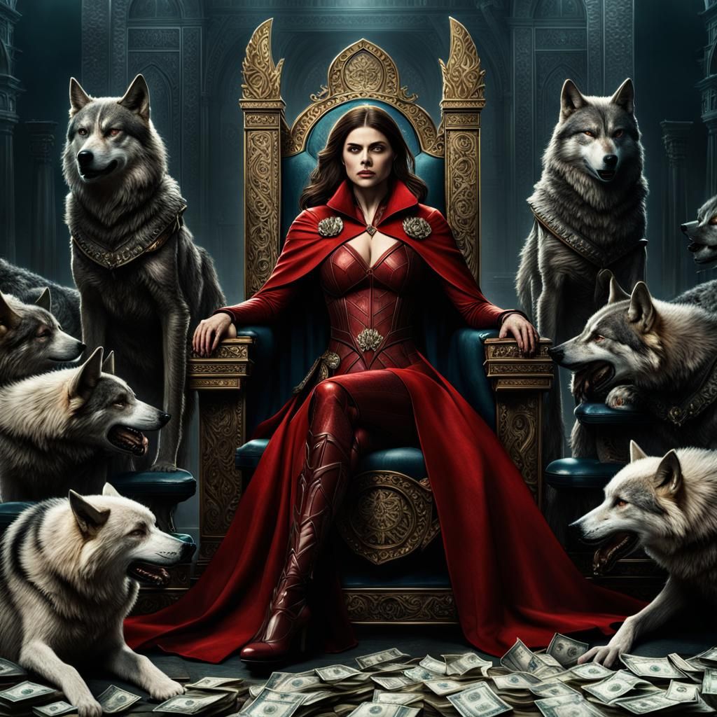 Woman on Throne in Red Armor Digital Painting