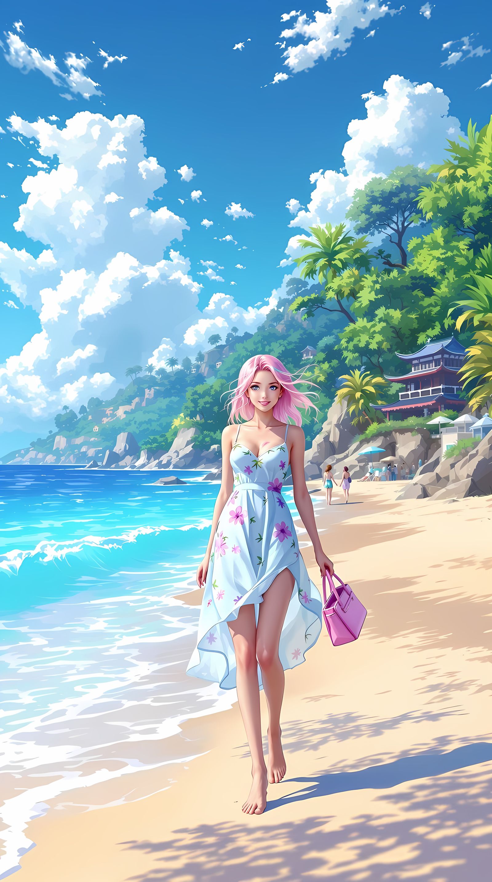 Charming Summer Anime Scene with Pink Hair Girl