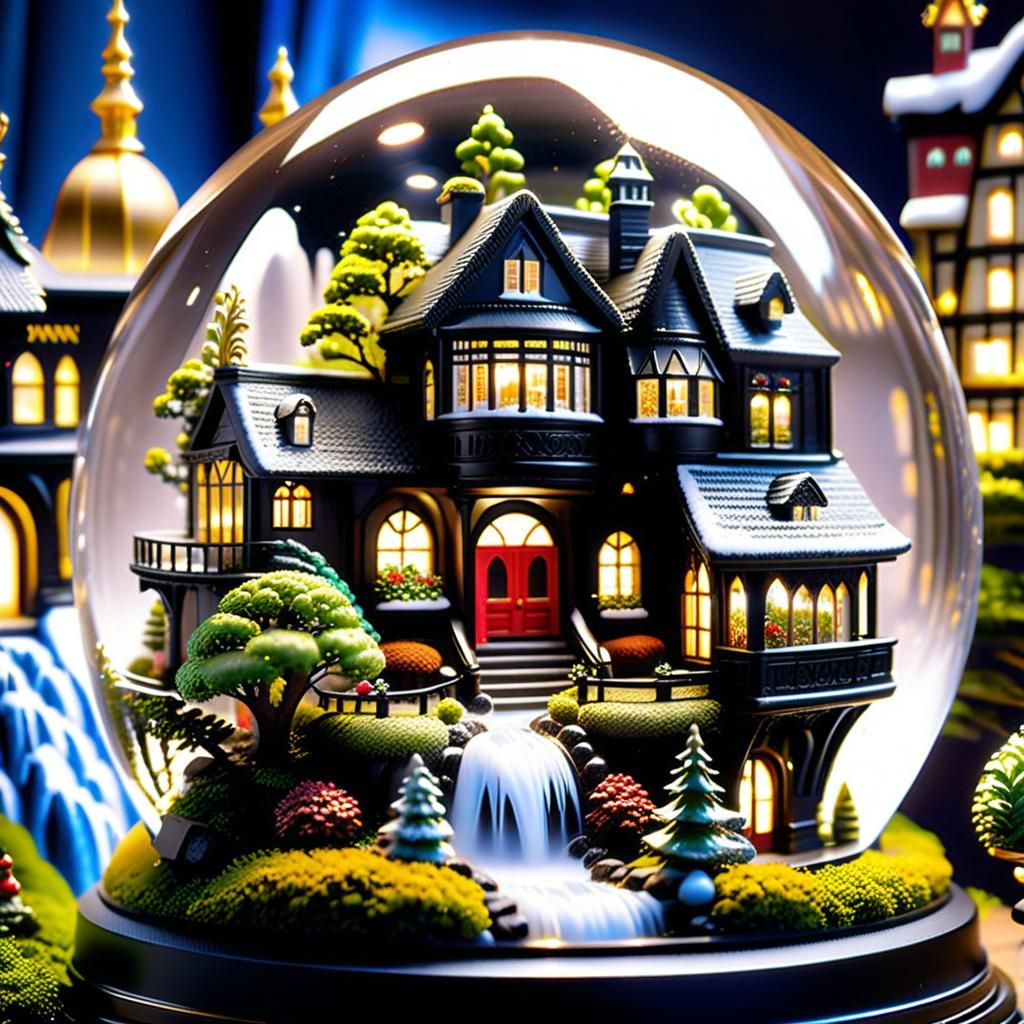miniature house with a waterfall inside of snow globe
