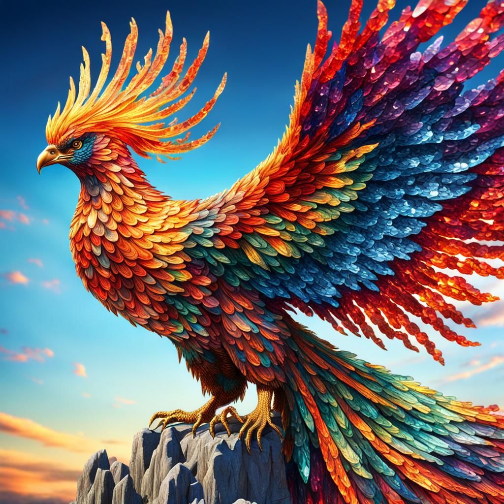 Crystalline Phoenix Soaring Through Vibrant Skies