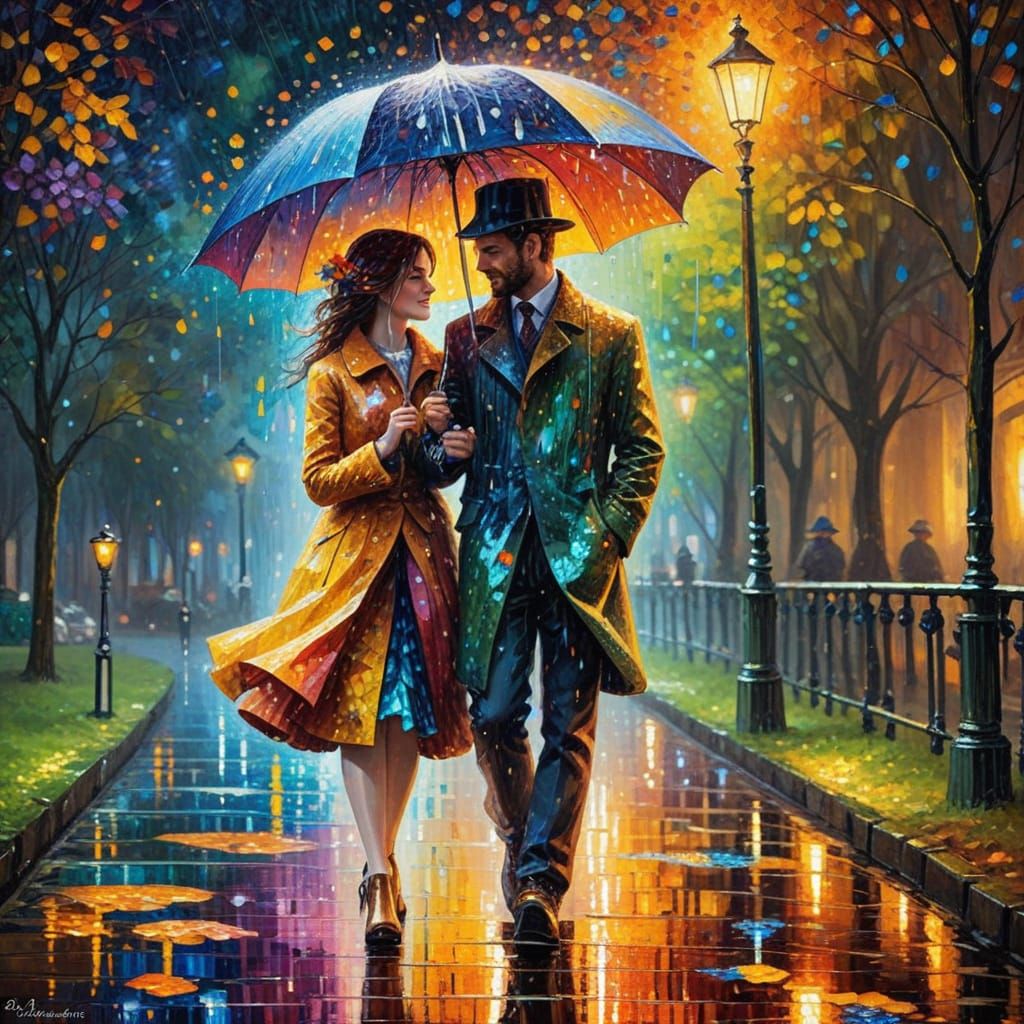 Couple Under Umbrella in Prismatic Rain, Pointillist Style