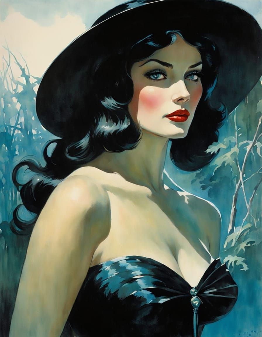 Beautiful Swamp Witch in Retro Watercolor Style