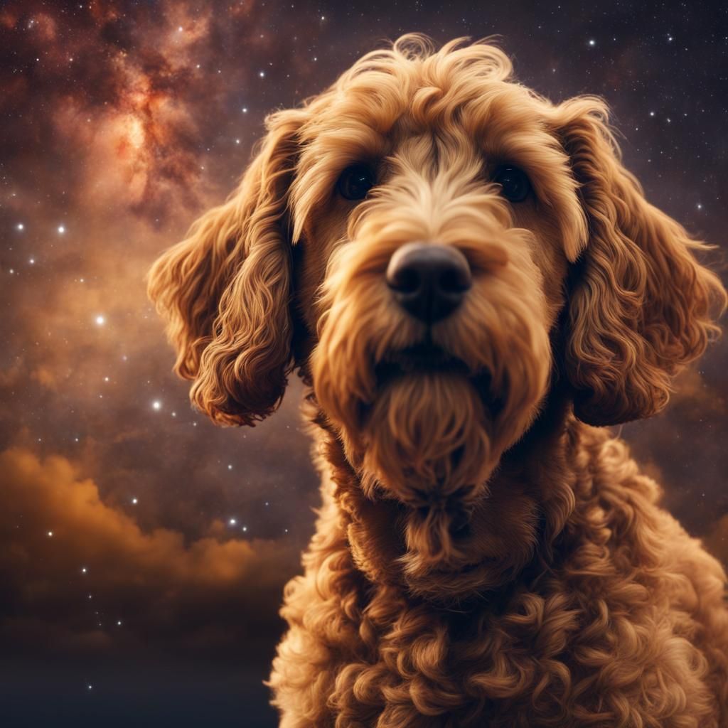 Golden Doodle Gazing at a Galaxy Night Sky