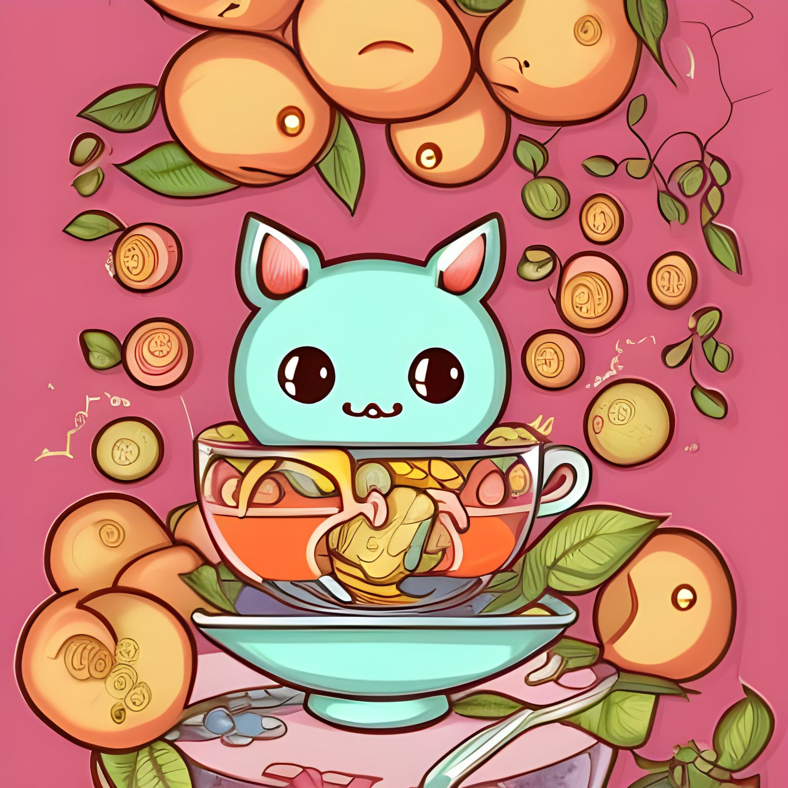 Cute Peach Characters Surrounded by Sweets
