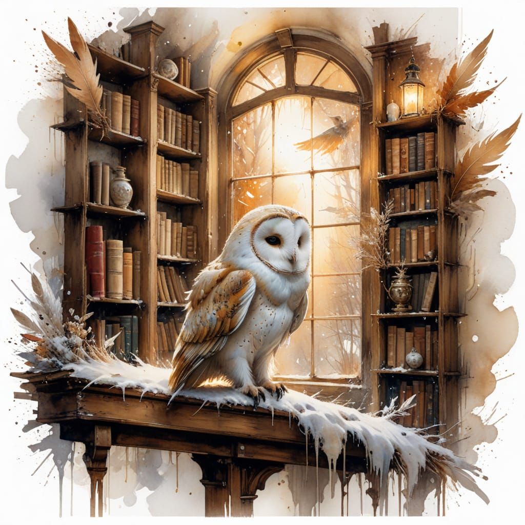 Snowy Barn Owl in Candlelit Winter Library