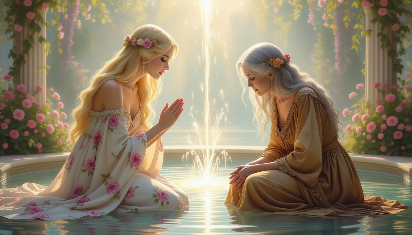 Goddess Reflects on Youth in Ethereal Fountain