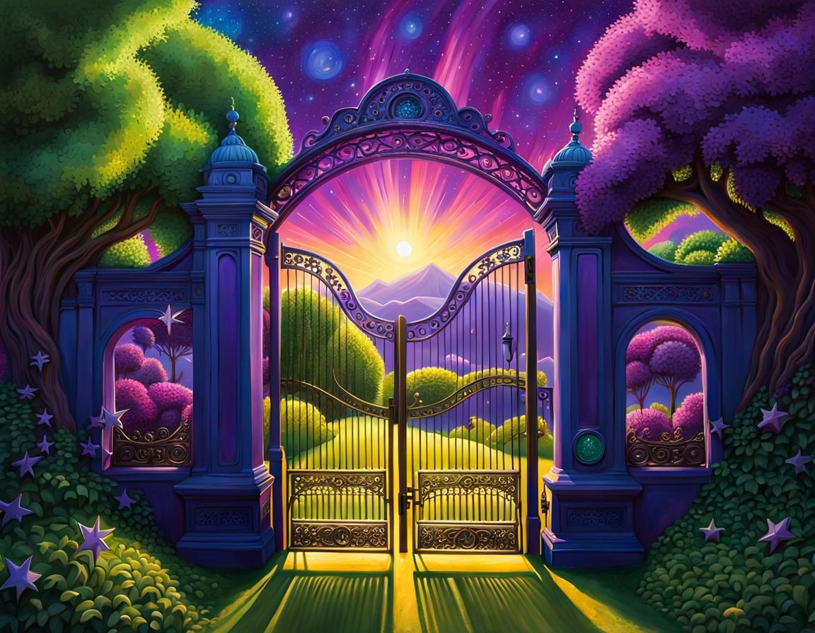 Surreal Garden with Golden Gate in Oil Painting Style