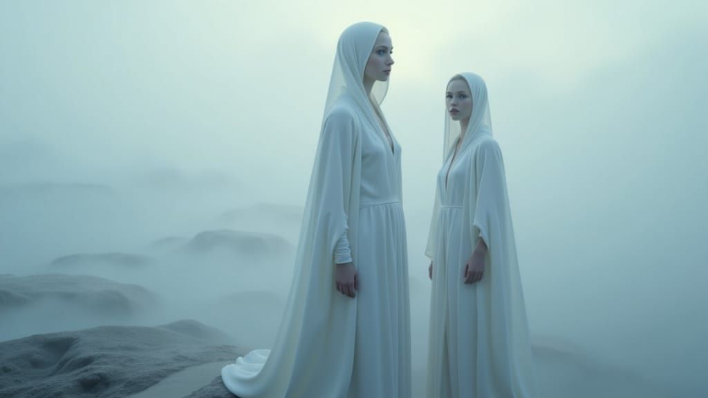 Ethereal Figures on Misty Shore in Dynamic Lighting