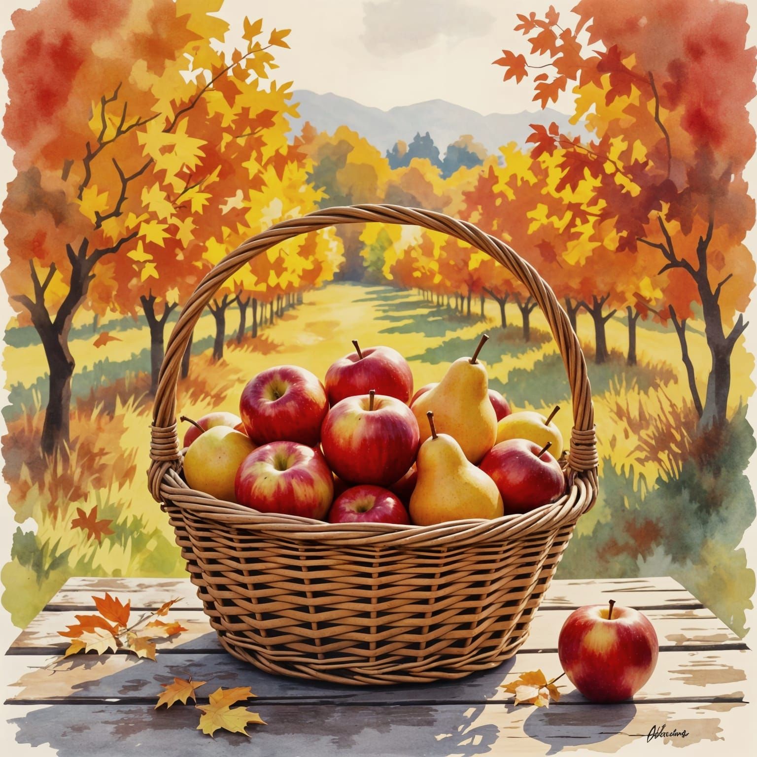 Autumn Harvest Basket Of Apples And Pears On Rustic Table