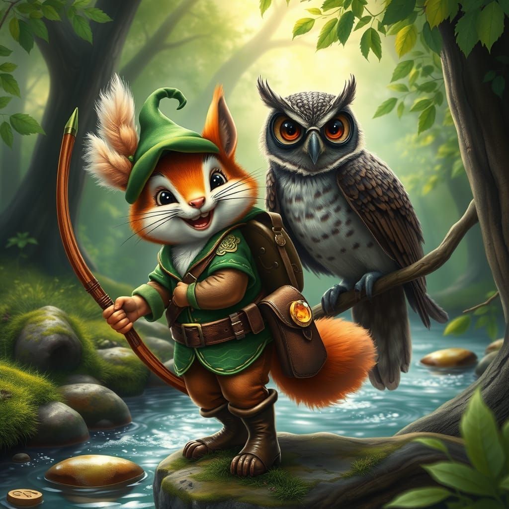 Whimsical Robin Hood Squirrel in Green Hat and Tunic