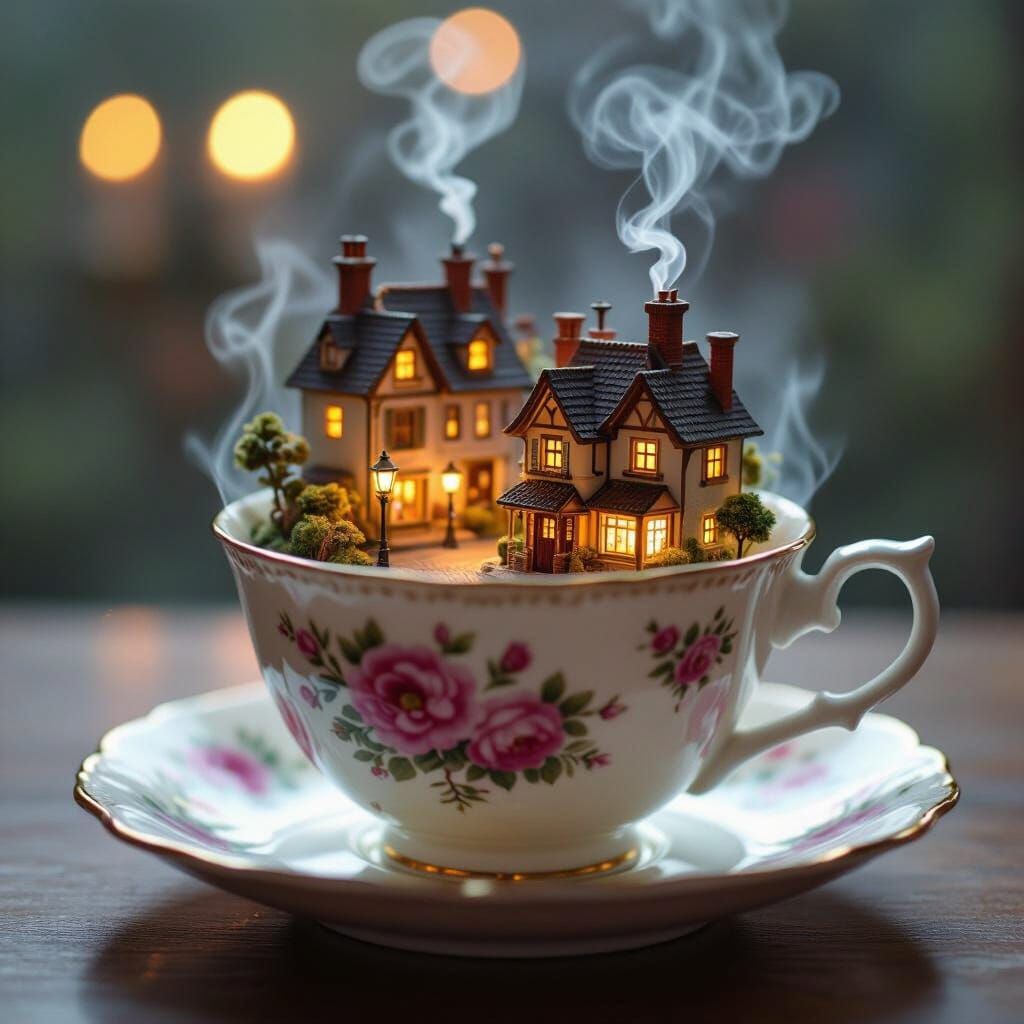 Miniature City in Teacup with Floral Patterns
