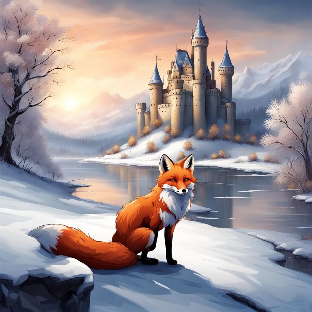 Fox in Winter Landscape by Frozen River