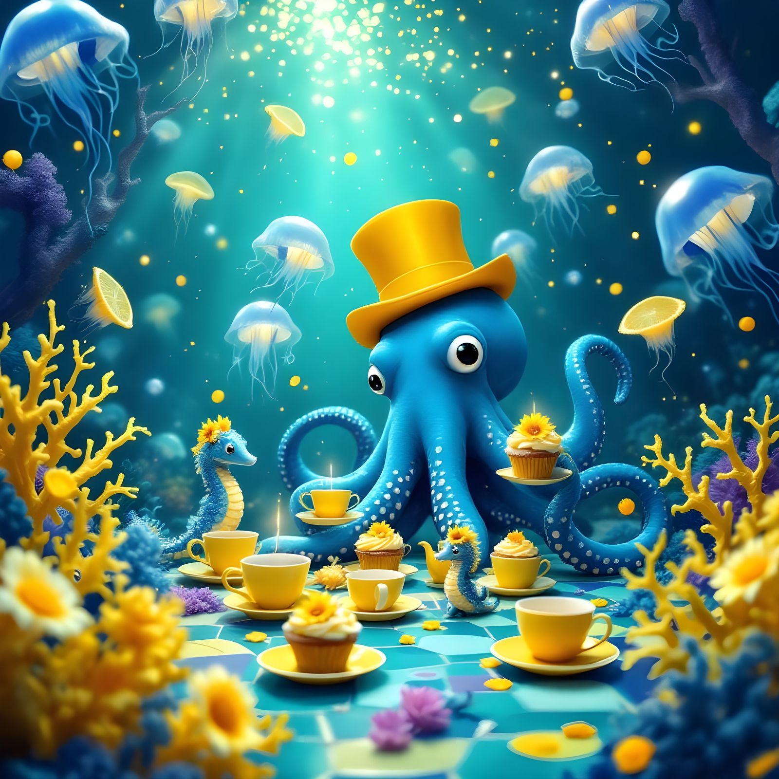 Underwater Tea Party Hosted by Octopus, Fantasy Illustration