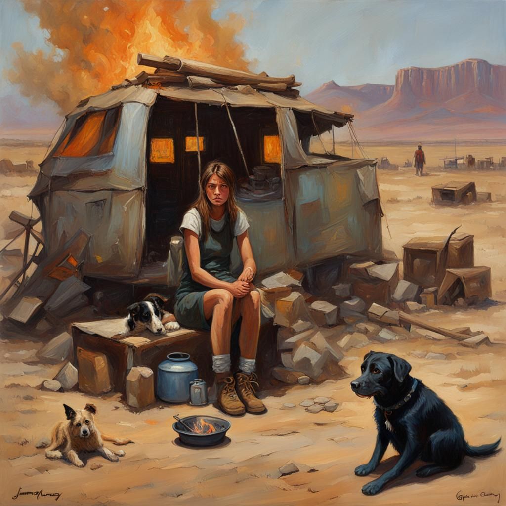 Girl and Dog Sit Beside Desert Campfire in Post-Apocalyptic...