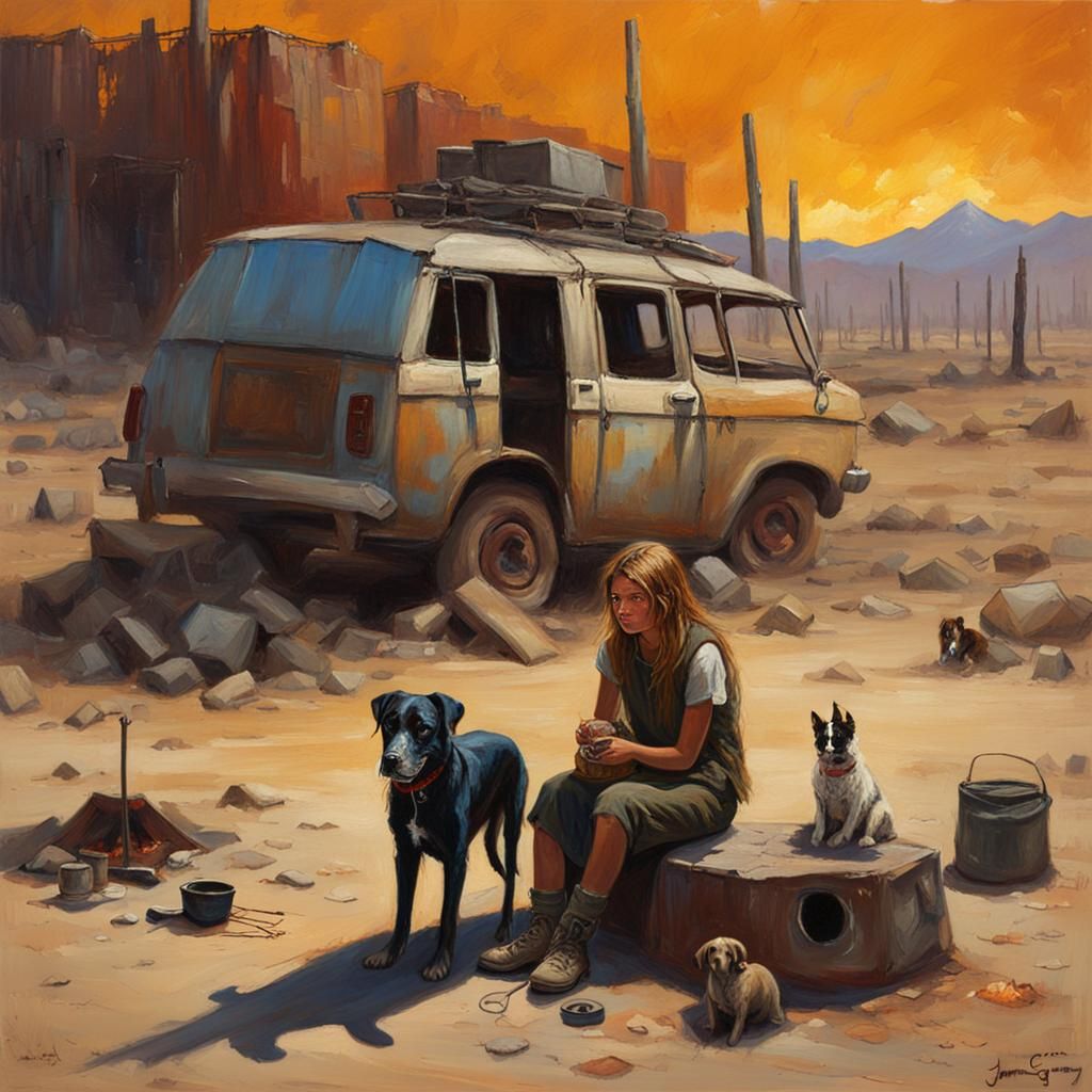 Girl and Dog Campfire in Post-Apocalyptic Desert