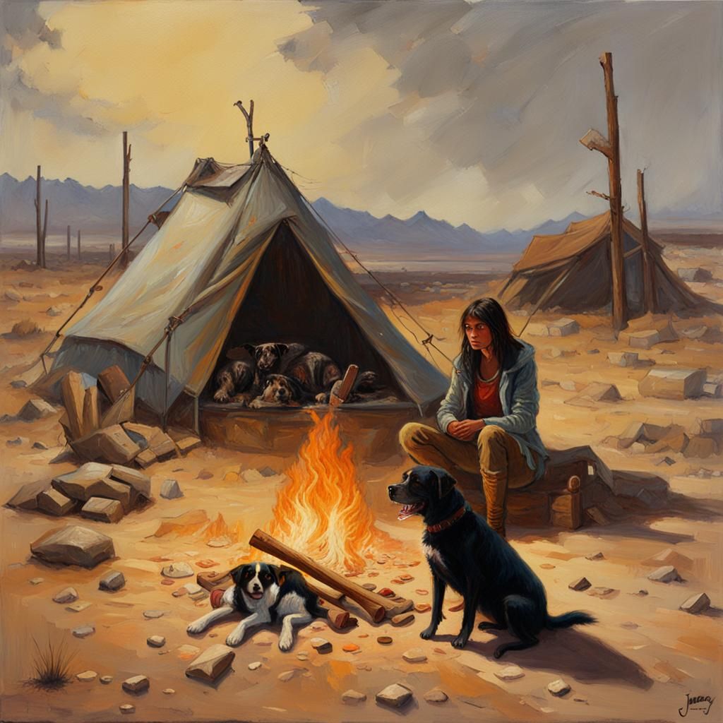 Post-Apocalyptic Desert Campfire: Oil Painting