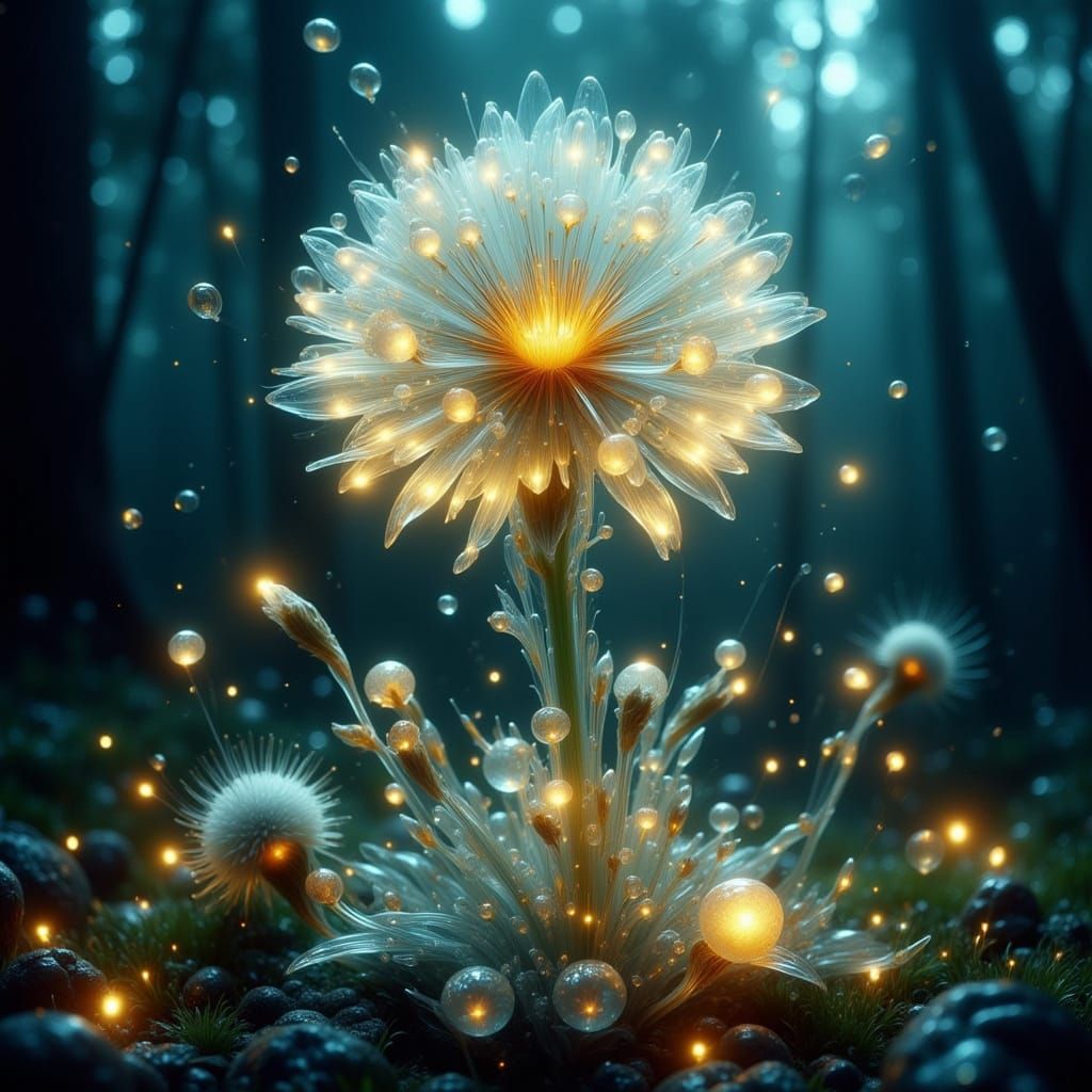 Surreal Bioluminescent Dandelion in Science Fantasy Forest