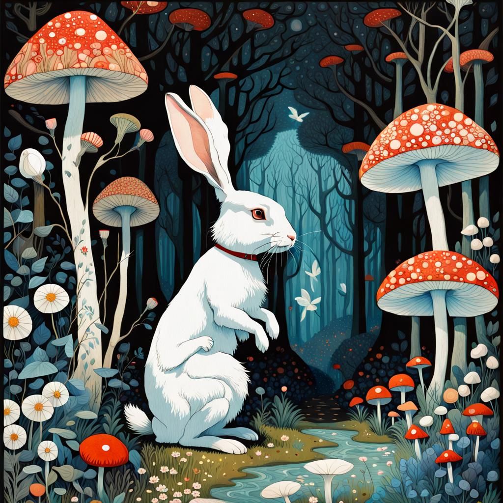 White Rabbit in Wonderland Flower Forest