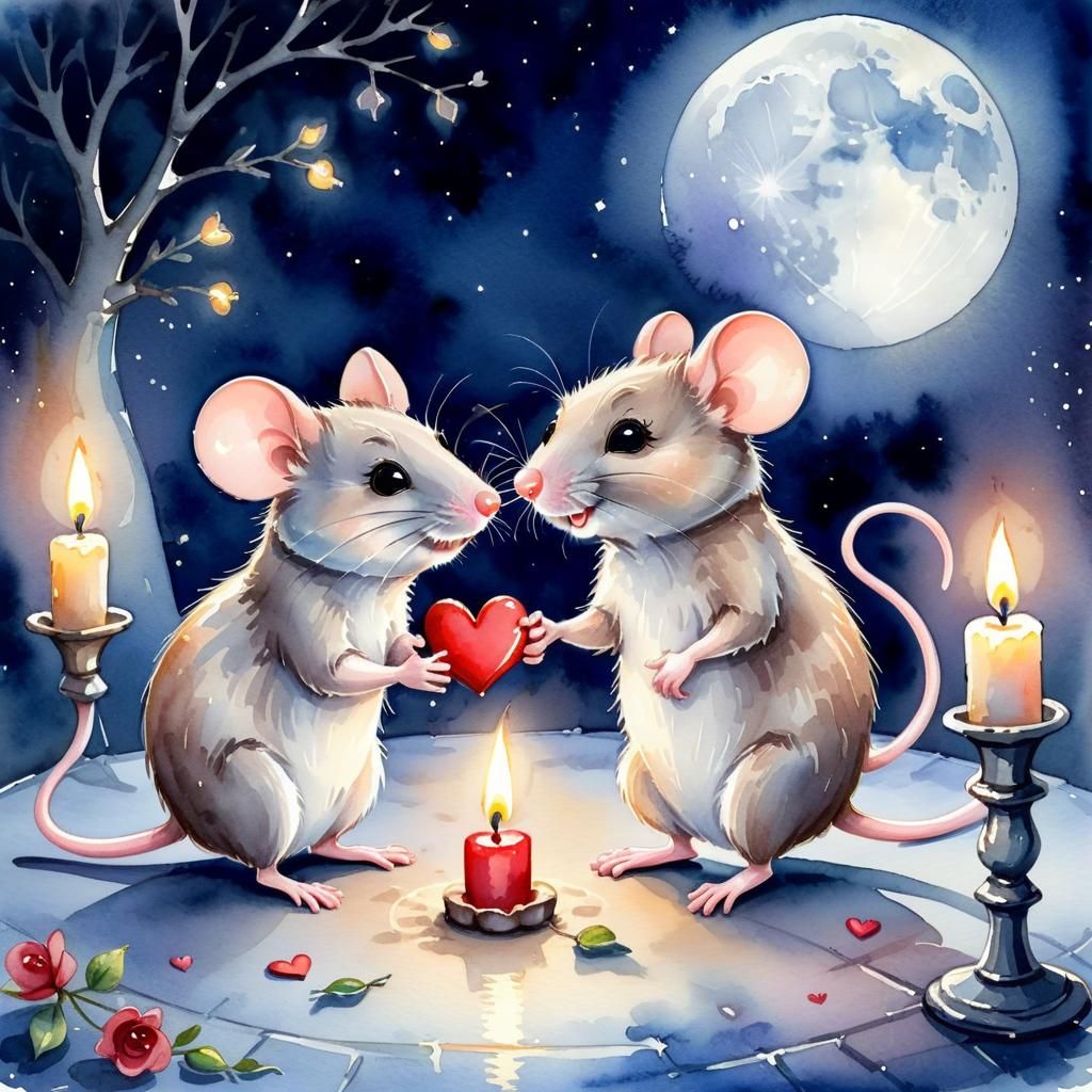 Romantic Mice Watercolor Painting for Valentine's Day