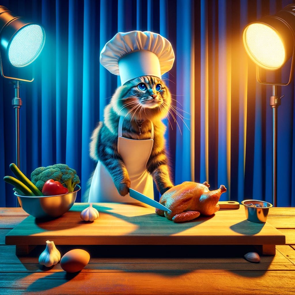 Chef Cat Prepares Chicken on Countertop