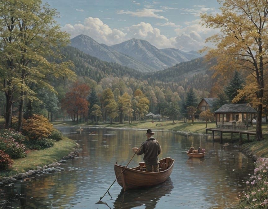 Autumn Fishing Scene as Oil Painting