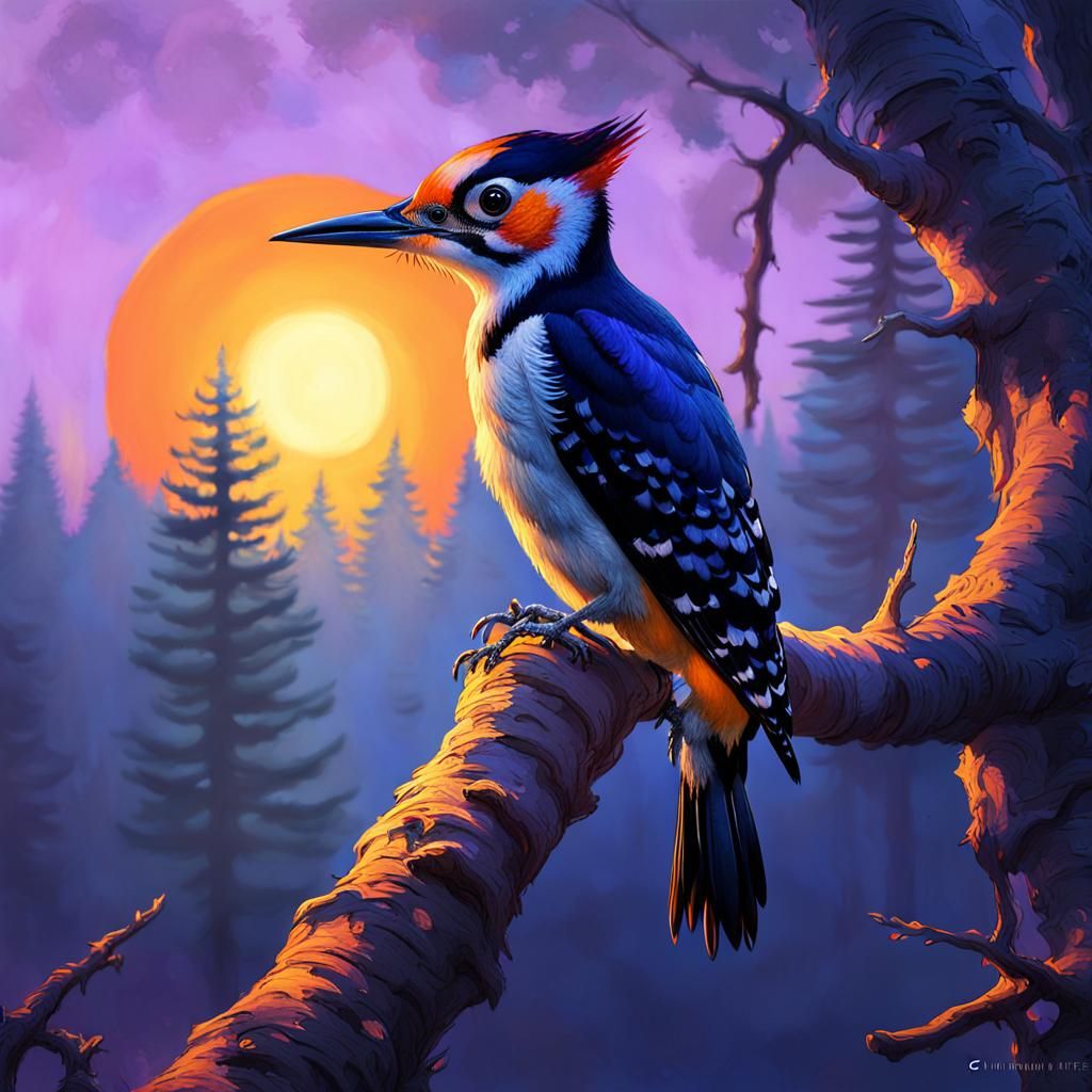Woodpecker Watching Sunset in Mystical Forest