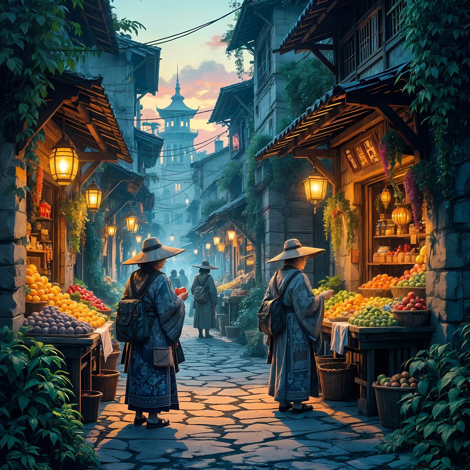 Twilight Marketplace in Ancient Ruins: Ghibli Style