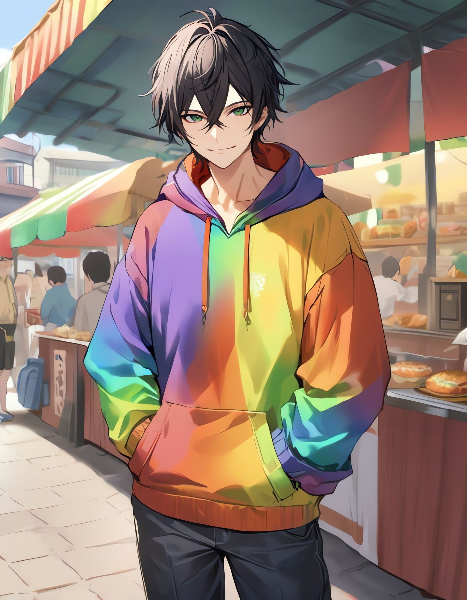 Bishounen Boy at School Festival with Rainbow Hoodie