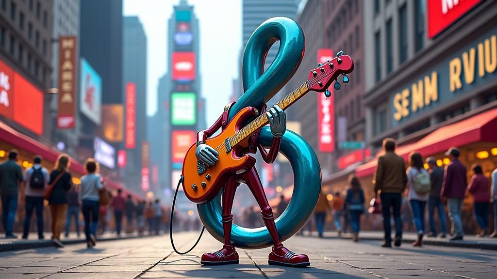 Treble Clef Guitarist in a Sci-Fi Cityscape