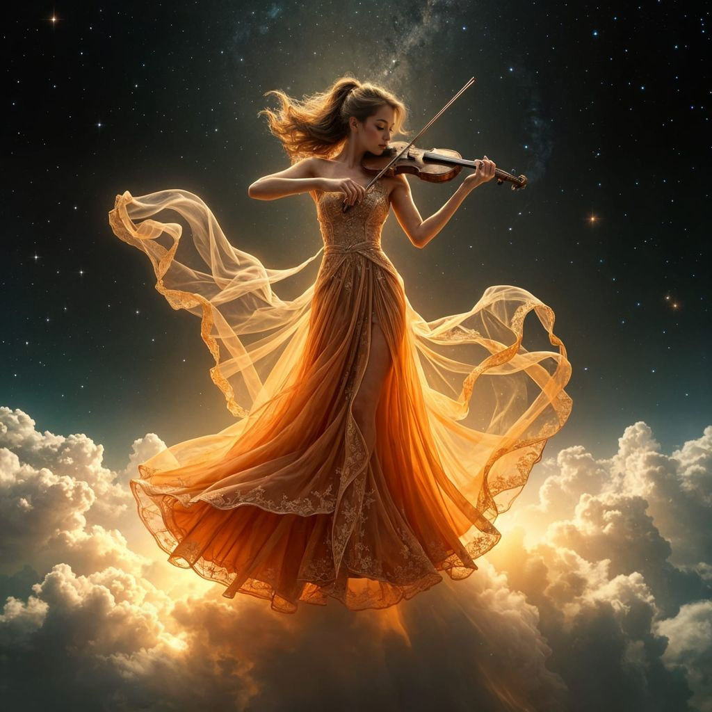 Ethereal Violinist Dancing on Starry Cloud in Art Nouveau St...