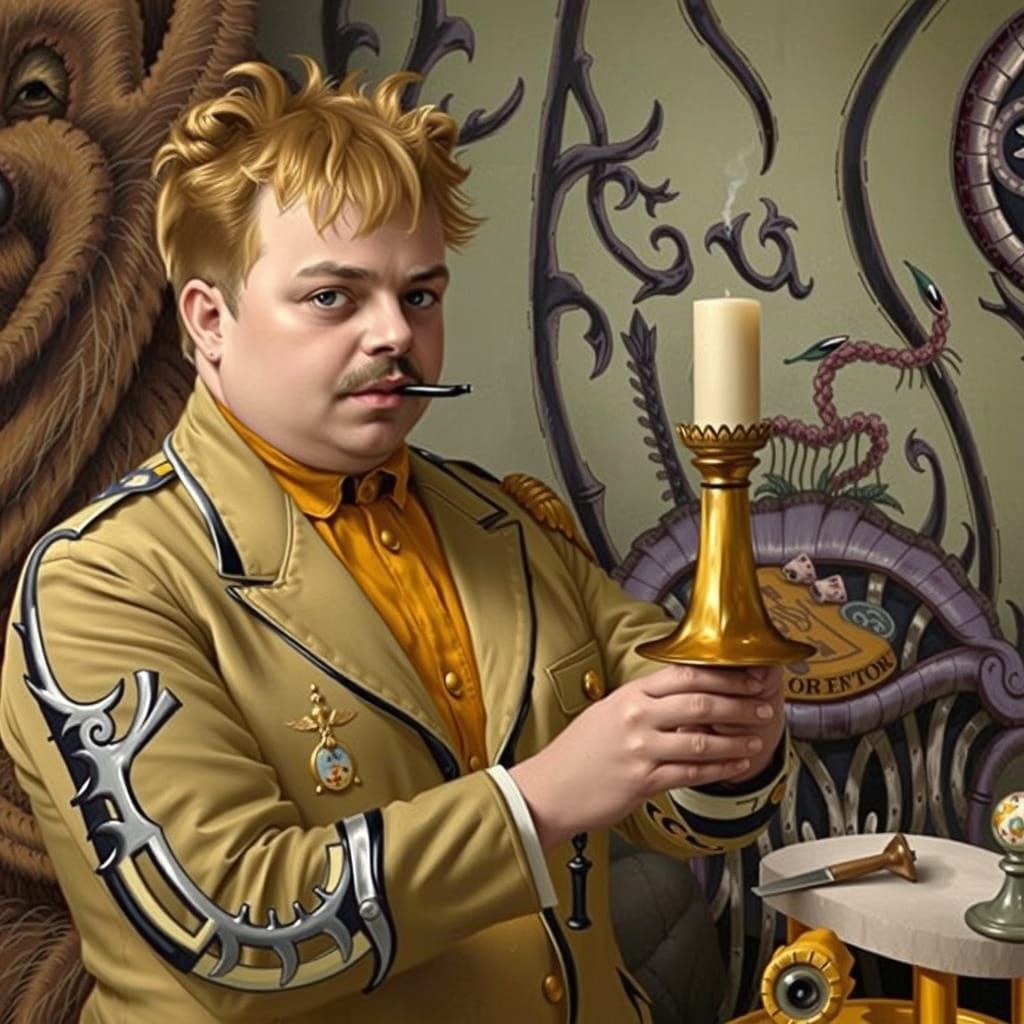 Eccentric Aristocrat Puffs Pipe in Luxurious Lounge Setting